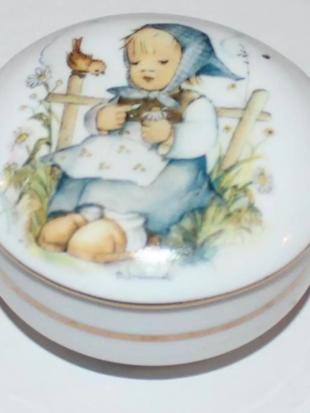 Vintage MJ Hummel Porcelain Trinket Box He Loves Me Reutter Germany Gold Trim